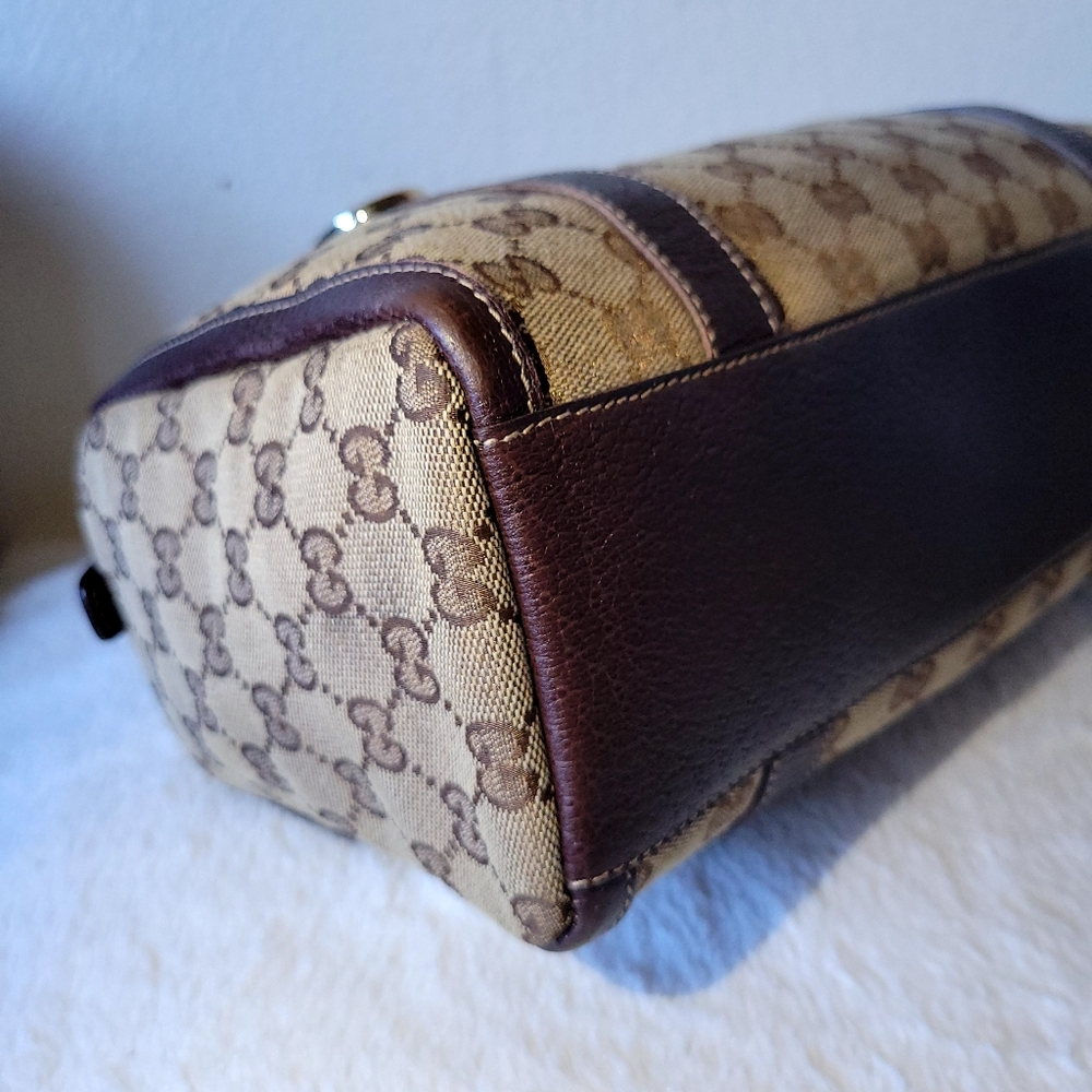 Gucci Beige Logo Canvas and Brown Leather Satchel - Picture 11 of 14